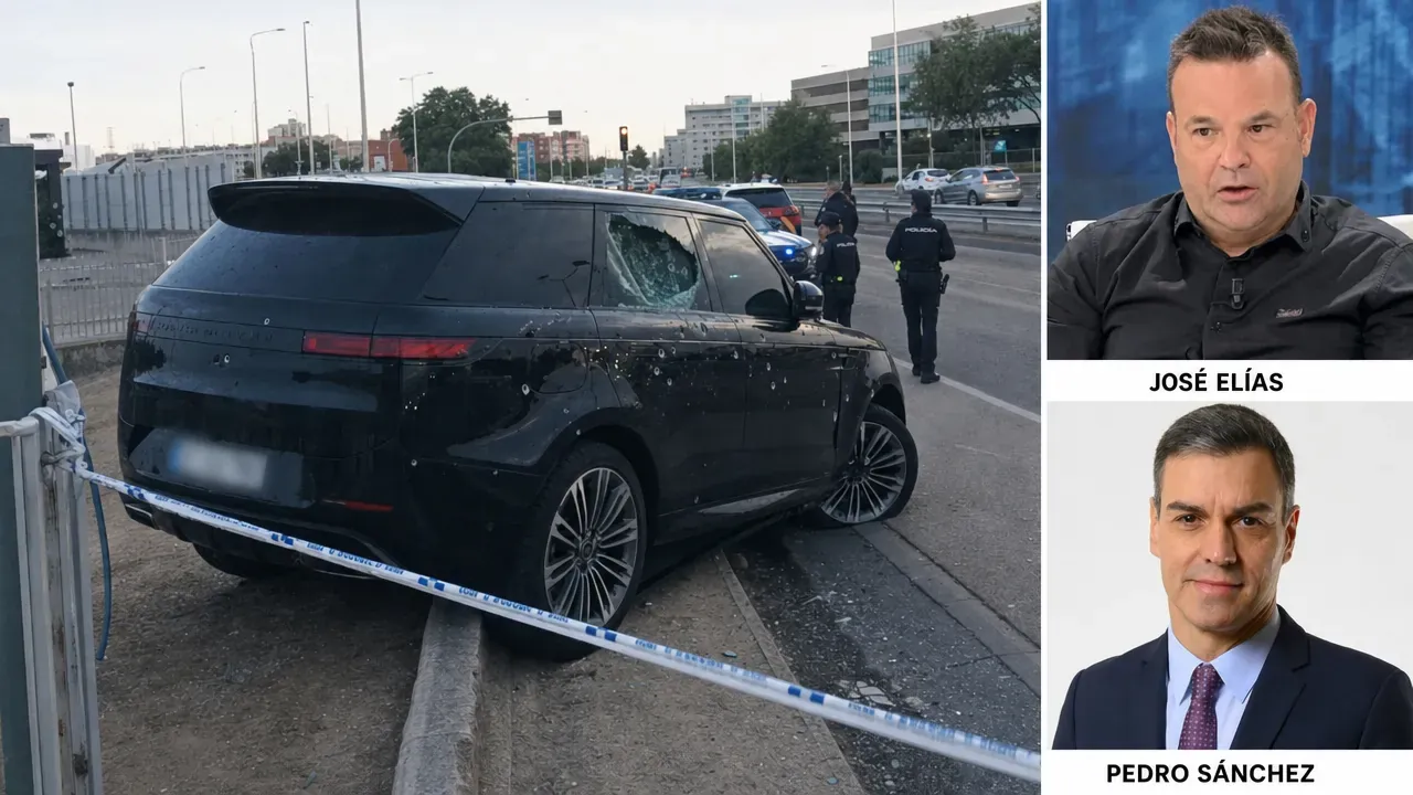 Range Rover blindado de José Elías con el cristal trasero reventado por disparos, acordonado por la Policía Nacional en una autovía de Madrid. A la derecha, retratos de José Elías y Pedro Sánchez.